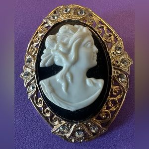Vintage Cameo Brooch White and Black with Gold & Rhinestones?